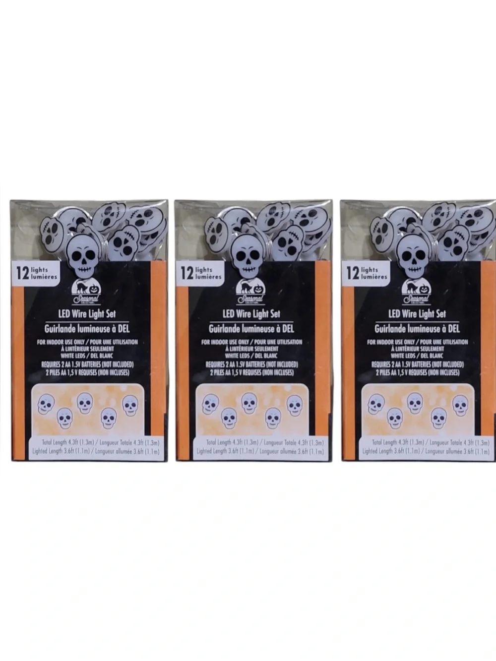 Seasonal Collection Halloween LED White Skeleton Skull String Light Sets, 3 Pack